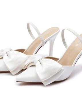 Women's White Pu Bow Heels Slingback Pumps Suede Closed Pointed Toe Shoes